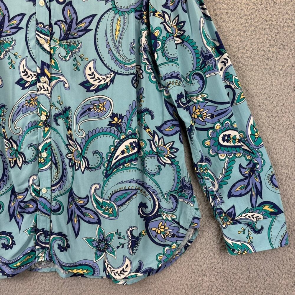 Talbots Blouse XL Blue Paisley Boho Preppy Floral Whimsical Colorful Roll Tab - Picture 4 of 10
